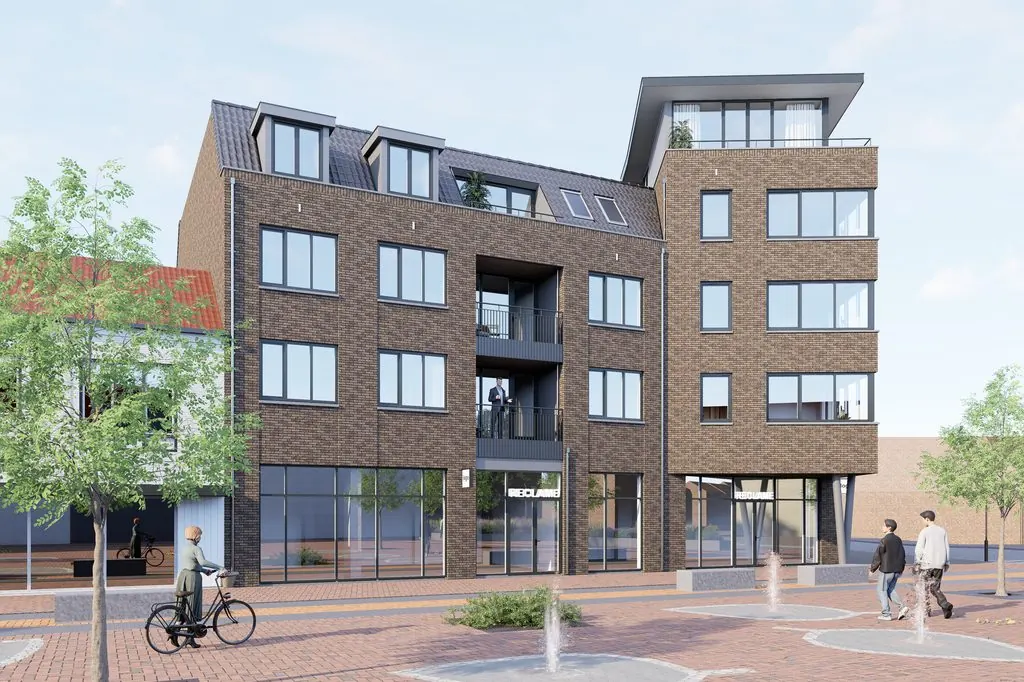 Impressie van de pleingevel van La Licorne met de twee commerciële ruimtes op de begane grond