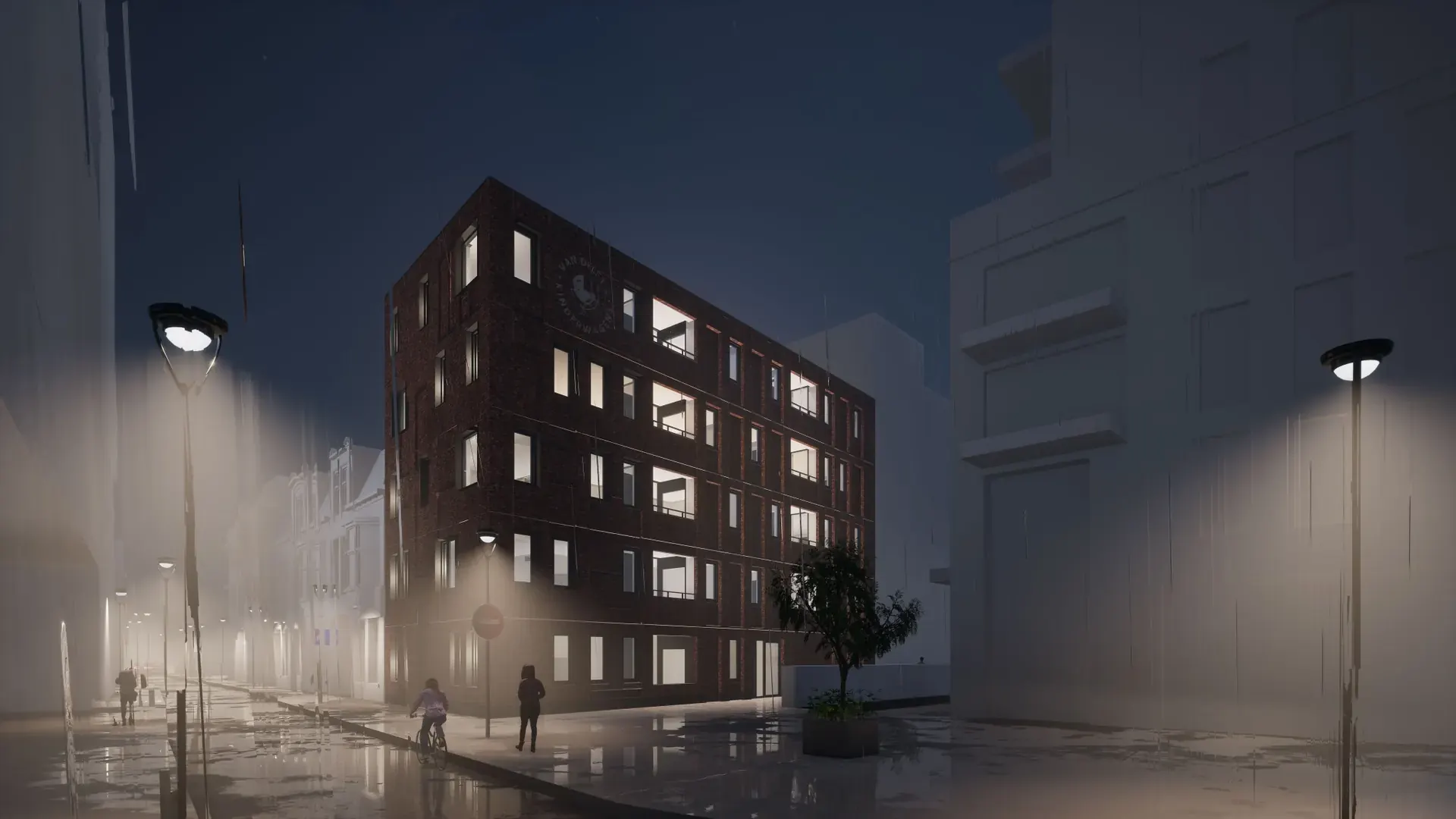 Avondimpressie van het appartementencomplex Telegraafstraat in Tilburg