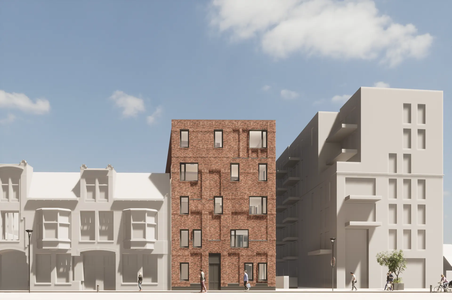 Straatgevel van het complex tussen de historische bebouwing en de nieuwbouw