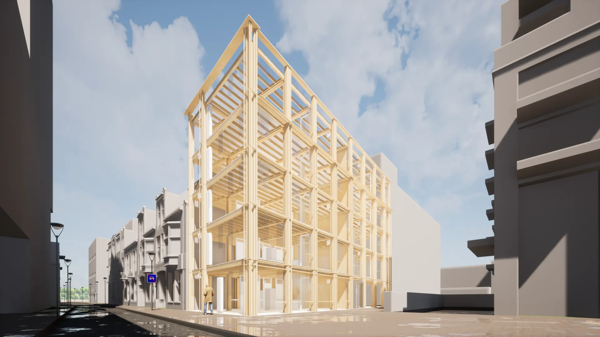Modulaire houten draagconstructie van het appartementencomplex Telegraafstraat