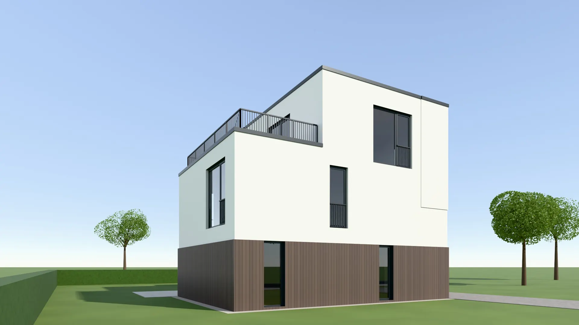 Impressie van de voorzijde van de villa in Culemborg met lichte gevels boven een donkere gevelbekleding